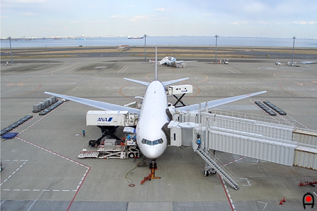 羽田空港国内線第2旅客ターミナル展望デッキから駐機中の旅客機の写真